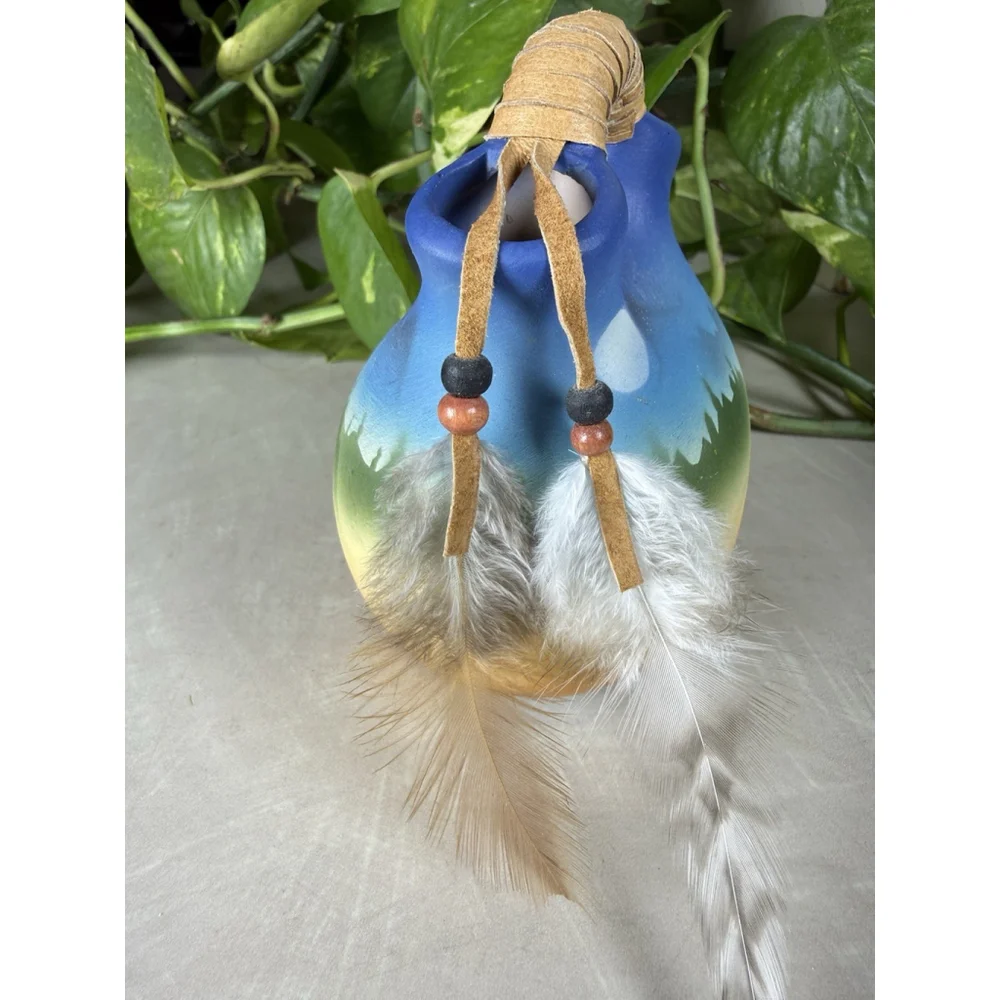 Hand Painted Vtg Native American Ceramic Wedding Vase Blue Bird Flying Feathers